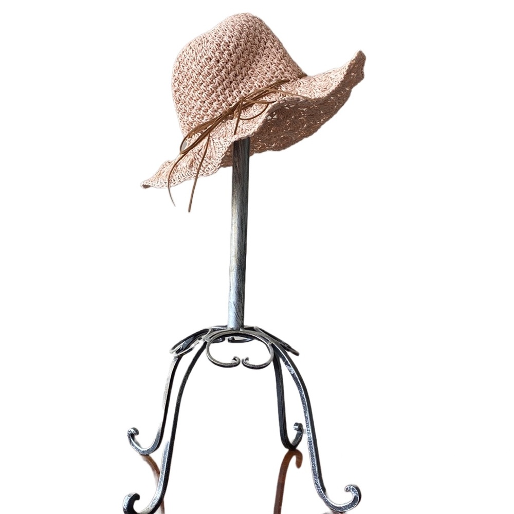 Straw Sun Hat with Bow Trim - Blush Pink - Picture 2 of 9